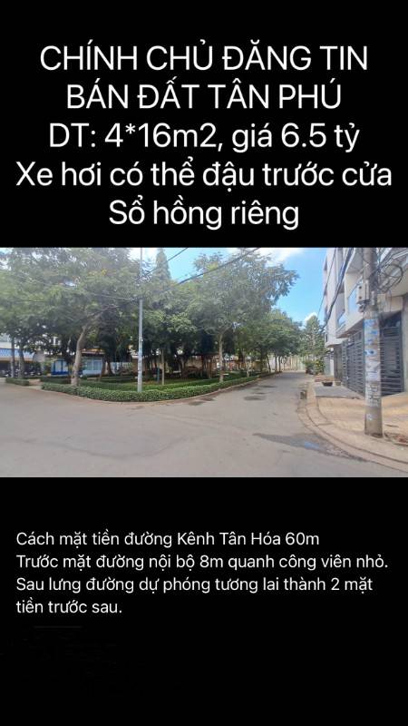 Chính chủ bán đất 64m2 tại Tân Phú Tp-HCM
