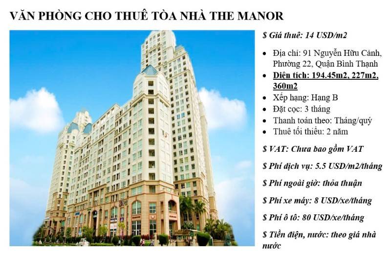 Cho thuê văn phòng The Manor Bình Thạnh, DT 360m2 tầng 1